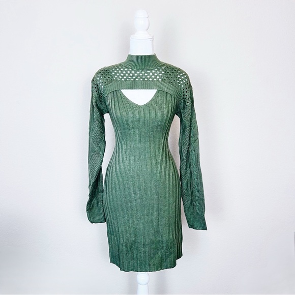 NWT Olive Green Knit Cable Sweater Long Sleeve Cut Out Bolero Mini Dress - Picture 1 of 12